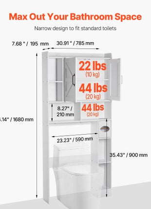 Over The Toilet Storage Cabinet, 66.14 in Height Bathroom Storage Organizer with Double Door and Adjustable Shelf, Bathroom Space Saver Organizer Above Toilet with Open Shelf, White
