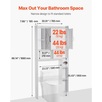Over The Toilet Storage Cabinet, 66.14 in Height Bathroom Storage Organizer with Double Door and Adjustable Shelf, Bathroom Space Saver Organizer Above Toilet with Open Shelf, White