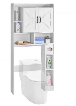 Over The Toilet Storage Cabinet, 66.14 in Height Bathroom Storage Organizer with Double Door and Adjustable Shelf, Bathroom Space Saver Organizer Above Toilet with Open Shelf, White
