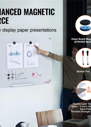 Magnetic Glass Whiteboard, Dry Erase Board 36"x24", Wall-Mounted Large White Glassboard Frameless, with Marker Tray, an Eraser and 2 Markers, White