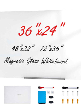 Magnetic Glass Whiteboard, Dry Erase Board 36"x24", Wall-Mounted Large White Glassboard Frameless, with Marker Tray, an Eraser and 2 Markers, White