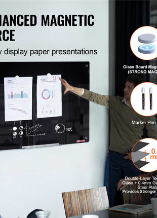 Magnetic Glass Whiteboard, Dry Erase Board 36"x24", Wall-Mounted Large White Glassboard Frameless, with Marker Tray, an Eraser and 2 Markers, Black