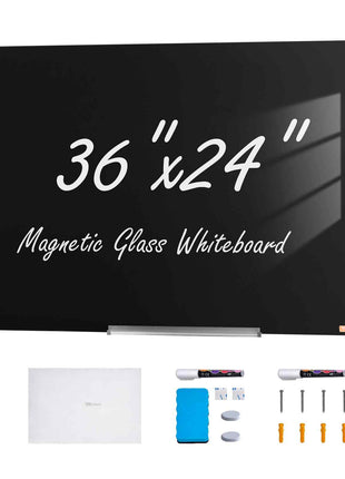 Magnetic Glass Whiteboard, Dry Erase Board 36"x24", Wall-Mounted Large White Glassboard Frameless, with Marker Tray, an Eraser and 2 Markers, Black