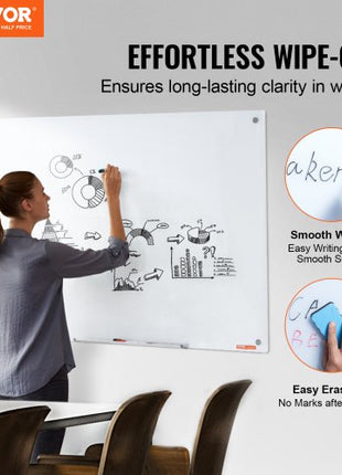 Magnetic Glass Whiteboard, Dry Erase Board 48"x32", Wall-Mounted Large White Glassboard Frameless, with Marker Tray, an Eraser and 2 Markers, White