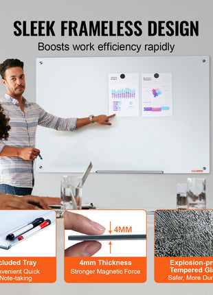 Magnetic Glass Whiteboard, Dry Erase Board 48"x32", Wall-Mounted Large White Glassboard Frameless, with Marker Tray, an Eraser and 2 Markers, White
