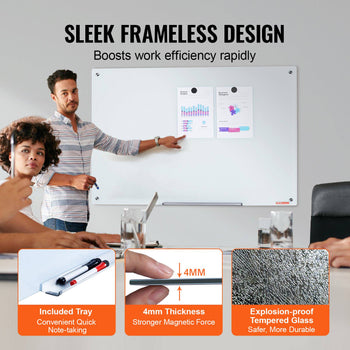 Magnetic Glass Whiteboard, Dry Erase Board 48"x32", Wall-Mounted Large White Glassboard Frameless, with Marker Tray, an Eraser and 2 Markers, White