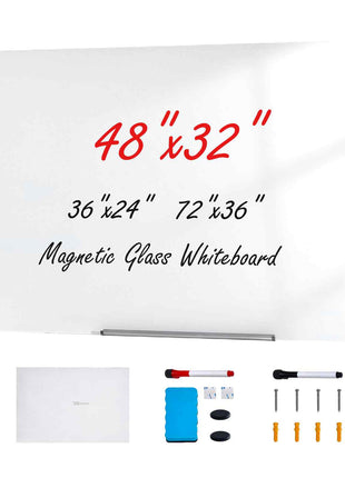 Magnetic Glass Whiteboard, Dry Erase Board 48"x32", Wall-Mounted Large White Glassboard Frameless, with Marker Tray, an Eraser and 2 Markers, White