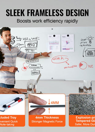 Magnetic Glass Whiteboard, Dry Erase Board 72"x36", Wall-Mounted Large White Glassboard Frameless, with Marker Tray, an Eraser and 2 Markers, White