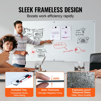 Magnetic Glass Whiteboard, Dry Erase Board 72"x36", Wall-Mounted Large White Glassboard Frameless, with Marker Tray, an Eraser and 2 Markers, White
