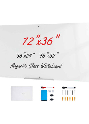 Magnetic Glass Whiteboard, Dry Erase Board 72"x36", Wall-Mounted Large White Glassboard Frameless, with Marker Tray, an Eraser and 2 Markers, White