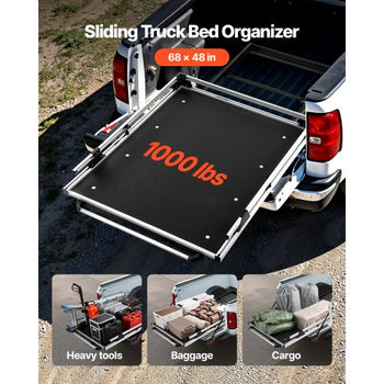 Sliding Truck Bed Organizer, 68 x 48-Inch Heavy Duty Truck Bed Storage Drawer with 1000 lbs Capacity, Features 6 Movable Rings for Securing, 2-Postion Slide out Tray for Pickup Trucks, Black