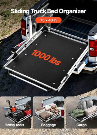 Sliding Truck Bed Organizer, 75 x 48-Inch Heavy Duty Truck Bed Storage Drawer with 1000 lbs Capacity, Features 6 Movable Rings for Securing, 2-Postion Slide out Tray for Pickup Trucks, Black