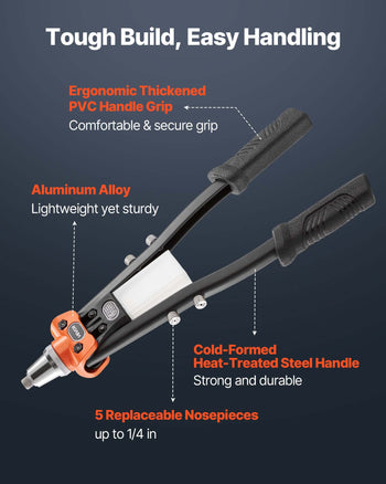Pop Rivet Gun Kit, with 230 Blind Rivets, Two-Handed Riveter with 5 Interchangeable Nosepieces, 5 Drill Bits, and a Carrying Case, Manual Riveting Tool for Metal, Automotive, Home, and DIY