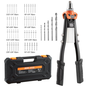 Pop Rivet Gun Kit, with 230 Blind Rivets, Two-Handed Riveter with 5 Interchangeable Nosepieces, 5 Drill Bits, and a Carrying Case, Manual Riveting Tool for Metal, Automotive, Home, and DIY