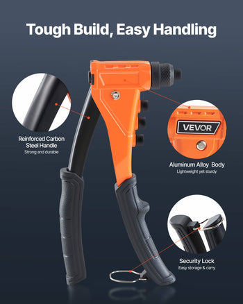 Pop Rivet Gun Kit, with 200 Blind Rivets, Heavy Duty Single Hand Riveter with 4 Interchangeable Nosepieces, 4 Drill Bits, and a Carrying Case, Manual Riveting Tool for Metal, Automotive, Home