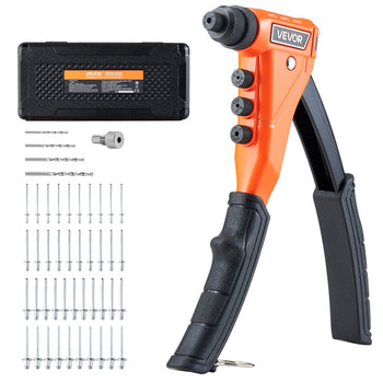 Pop Rivet Gun Kit, with 200 Blind Rivets, Heavy Duty Single Hand Riveter with 4 Interchangeable Nosepieces, 4 Drill Bits, and a Carrying Case, Manual Riveting Tool for Metal, Automotive, Home