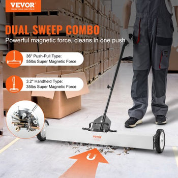 36-Inch Magnetic Sweeper with Wheels, 55 lbs Capacity, with Telescoping Magnetic Pickup Tool, Adjustable Handle, Magnetic Pickup Sweeper to Pick Up Nails and Screws, for Workshop, Garage, Yard