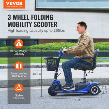 3 Wheel Folding Mobility Scooter for Adults & Seniors, Heavy-Duty Electric Powered Mobility Scooter & 12 Mile Long Range,  Travel Wheelchair with 9° Climbing Capacity, 265lb Capacity