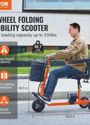 Foldable 3 Wheel Mobility Scooter for Seniors, Portable Electric Powered Mobility Scooter with 12 Mile Long Range, All Terrain Travel Wheelchair with 48V Lithium-ion Battery, Max Support 330LBS