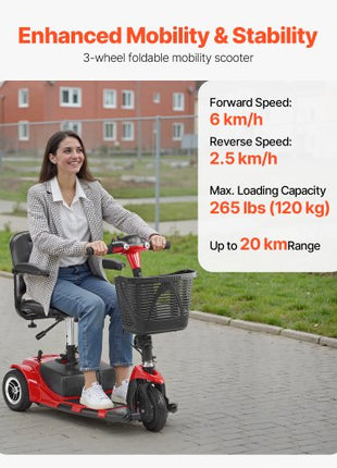 3 Wheel Folding Mobility Scooter for Adults & Seniors, Heavy-Duty Electric Powered Mobility Scooter & 12 Mile Long Range, All Terrain Travel Wheelchair with 9° Climbing Capacity, 265lb Capacity