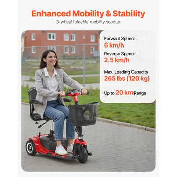 3 Wheel Folding Mobility Scooter for Adults & Seniors, Heavy-Duty Electric Powered Mobility Scooter & 12 Mile Long Range, All Terrain Travel Wheelchair with 9° Climbing Capacity, 265lb Capacity