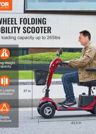 Heavy-Duty 4 Wheel Mobility Scooter for Adults & Seniors - Folding Electric Powered Mobility Scooter & 12 Mile Long Range, All Terrain Travel Scooter with 9° Climbing Capacity, 265lb Capacity