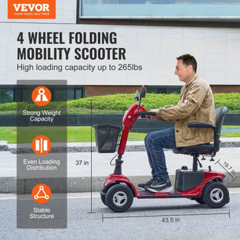 Heavy-Duty 4 Wheel Mobility Scooter for Adults & Seniors - Folding Electric Powered Mobility Scooter & 12 Mile Long Range, All Terrain Travel Scooter with 9° Climbing Capacity, 265lb Capacity