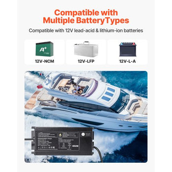Marine Battery Charger, 1-Bank, 10A 12V Onboard Boat Charger, IP68 Waterproof Smart On-Board Battery Charger, for Lithium-Ion (LiFePO4), NCM, Lead-Acid Batteries, Large Boat, Yacht, RV, Trailer