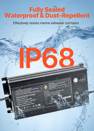 Marine Battery Charger, 1-Bank, 10A 12V Onboard Boat Charger, IP68 Waterproof Smart On-Board Battery Charger, for Lithium-Ion (LiFePO4), NCM, Lead-Acid Batteries, Large Boat, Yacht, RV, Trailer