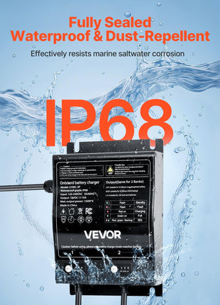 Marine Battery Charger, 2-Bank, 10A 12V Onboard Boat Charger, IP68 Waterproof Smart On-Board Battery Charger, for Lithium-Ion (LiFePO4), NCM, Lead-Acid Batteries, Large Boat, Yacht, RV, Trailer