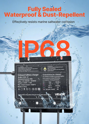 Marine Battery Charger, 3-Bank, 10A 12V Onboard Boat Charger, IP68 Waterproof Smart On-Board Battery Charger, for Lithium-Ion (LiFePO4), NCM, Lead-Acid Batteries, Large Boat, Yacht, RV, Trailer