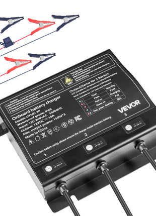 Marine Battery Charger, 3-Bank, 10A 12V Onboard Boat Charger, IP68 Waterproof Smart On-Board Battery Charger, for Lithium-Ion (LiFePO4), NCM, Lead-Acid Batteries, Large Boat, Yacht, RV, Trailer