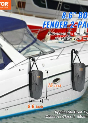 Boat Fenders, 8.6" x 16" Boat Bumpers for Docking, Marine EVA Boat Dock Fender Bumper with Ropes, Cord Locks and Storage Bag, No Inflation Required, for Class A/Class 1/Part Class 2, Black