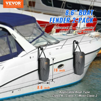 Boat Fenders, 8.6" x 16" Boat Bumpers for Docking, Marine EVA Boat Dock Fender Bumper with Ropes, Cord Locks and Storage Bag, No Inflation Required, for Class A/Class 1/Part Class 2, Black