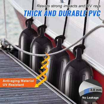 Black PVC fenders, 3.8 mm thick, UV resistant, anti-aging, durable for strong impacts, ideal for boat protection.