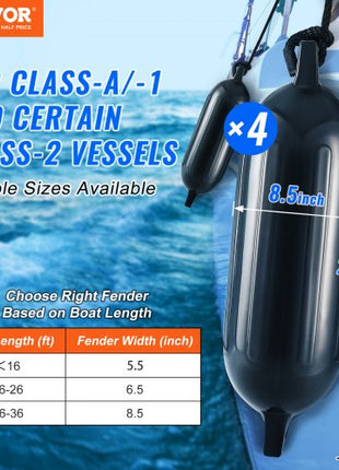 Boat Fenders, 8.5" x 26" Boat Bumpers for Docking, Inflatable Ribbed Fender with Center Holes, Marine Boat Dock Fender Bumper with Air Pump, 4 Needles and 4 Ropes and Storage Bag, Black