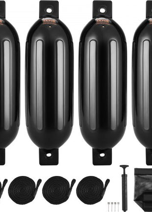Boat Fenders, 8.5" x 26" Boat Bumpers for Docking, Inflatable Ribbed Fender with Center Holes, Marine Boat Dock Fender Bumper with Air Pump, 4 Needles and 4 Ropes and Storage Bag, Black