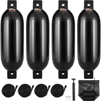 Black rubber boat fenders set of four with ropes, pump, and storage bag; durable marine protection for vessels.