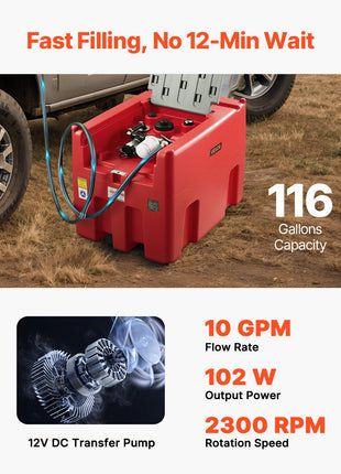 Portable Diesel & Gasoline Tank, 116 Gallon, 10 GPM Flow Rate, Diesel Fuel Tank with 12V Electric Transfer Pump, 13.1ft Hose, Auto Fueling Nozzle, Transfer Tank for Easy Fuel Transportation, Red