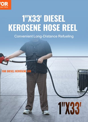 Fuel Hose Reel, 1" x 33', Extra Long Retractable Diesel Hose Reel, Heavy-Duty Carbon Steel Construction with Automatic Fuel Nozzle, NBR Rubber Hose for Aircraft Ship Vehicle Tank Truck, 300 PSI