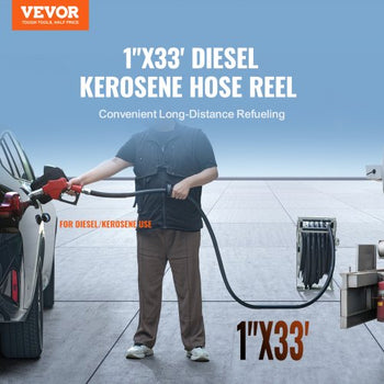 Fuel Hose Reel, 1" x 33', Extra Long Retractable Diesel Hose Reel, Heavy-Duty Carbon Steel Construction with Automatic Fuel Nozzle, NBR Rubber Hose for Aircraft Ship Vehicle Tank Truck, 300 PSI