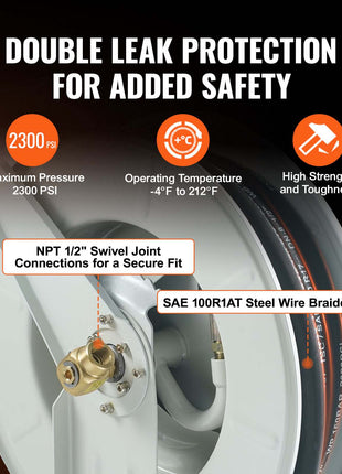 Double leak protection steel wire braided hose with NPT 1/2" swivel joint, maximum pressure 2300 PSI, durable design.