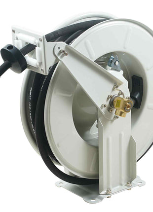 White metal wall-mounted hose reel with 100 feet of black rubber hose and brass fittings for durable garden use.