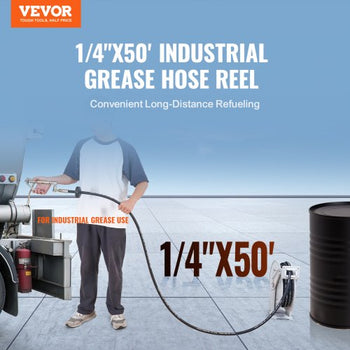 Fuel Hose Reel, 1/4" x 50', Extra Long Retractable Grease Hose Reel, Spring Driven Auto Swivel Rewind, Heavy-Duty Carbon Steel Construction with Hose for Auto Repair, Heavy Industries, 5800 PSI