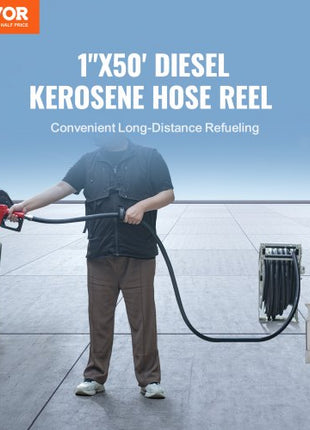 Fuel Hose Reel, 1" x 50', Extra Long Retractable Diesel Hose Reel, Heavy-Duty Carbon Steel Construction with Automatic Fuel Nozzle, NBR Rubber Hose for Aircraft Ship Vehicle Tank Truck, 300 PSI