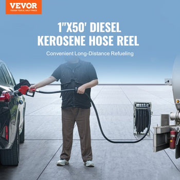 Fuel Hose Reel, 1" x 50', Extra Long Retractable Diesel Hose Reel, Heavy-Duty Carbon Steel Construction with Automatic Fuel Nozzle, NBR Rubber Hose for Aircraft Ship Vehicle Tank Truck, 300 PSI