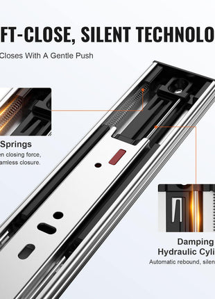 Soft-close cabinet hardware with stainless steel finish and hydraulic cylinder for seamless, silent closing.
