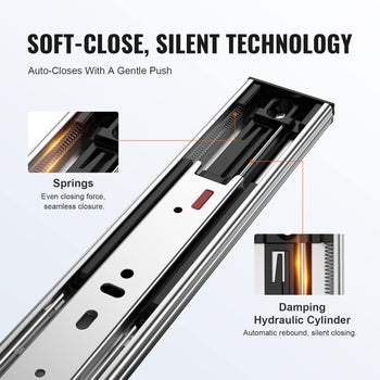 Soft-close hydraulic drawer slide in silver metal with springs for seamless, silent operation. Ideal for modern cabinetry.