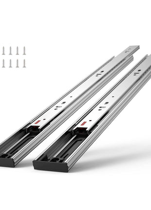 Silver stainless steel drawer slides with mounting screws, 22-inch length, designed for smooth gliding and durability.