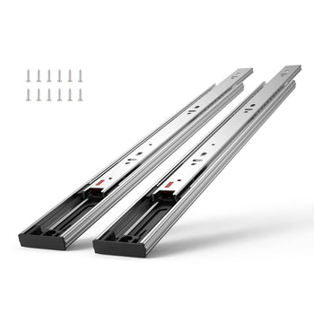 Silver stainless steel drawer slides with mounting screws, 22-inch length, designed for smooth gliding and durability.